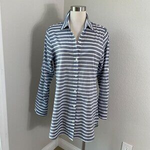 Tommy Bahama Womens Medium Gray White Striped Cotton Button Up Tunic Shirt Top